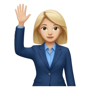 Make emoji of business woman with light skin and medium blonde hair in a dark blue business suit and light blue shirt waiving to new clients sticker
