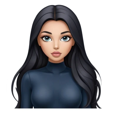 Glamours, tanned, very beautiful girl, with big pump peach-beige-rose lips, long long lashes, black straight smooth silky long hair, straight parting hair, blue-grey eyes in black long-sleeves bodysuit sticker