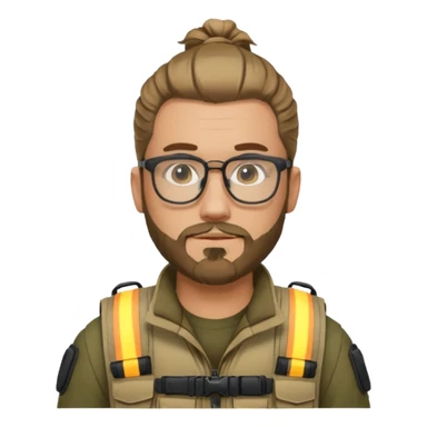 emoji of a man with a man bun, beard, glasses, and tactical vest sticker