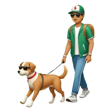 a dog on a leash with a person in a green park setting sticker