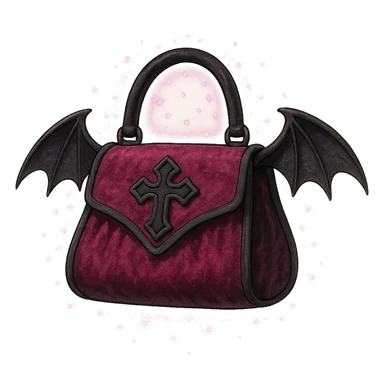Pink and black gothic purse in Ghibli style, bat wing accents, velvet texture, magical aura, no background sticker