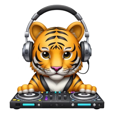 DJ tiger face with headphones and mixing deck for Twitch emote sticker