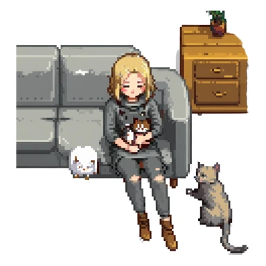 Remix using this girl as the character, petting a gray and blonde mixed cat in pixel art style. The girl is standing and the cat is rubbing against her leg. sticker