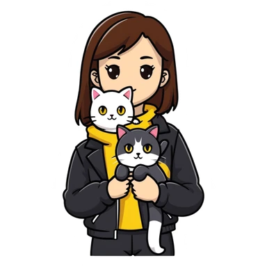 Light-skinned girl with brown straight hair wearing a black jacket, with a white cat with yellow eyes and a calico cat sticker