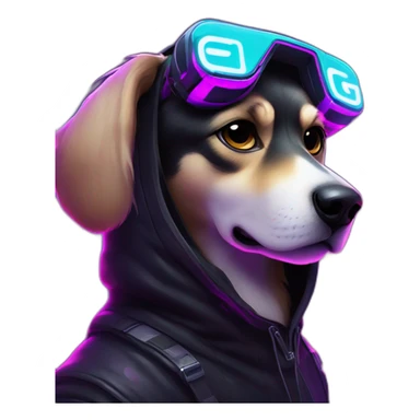 Russian dog wearing a black hoodie with "OMG" letters on it and VR headset in a cyberpunk VR environment with violet neon lighting. sticker