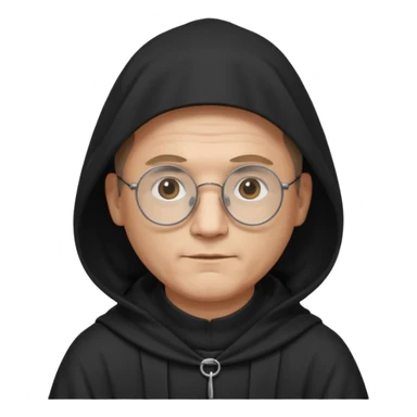 Monk priest prayer black habit with hood round black glasses done light brown wavy hair under hood remove the medallion smaller more round glassed age 46 remove necklace thinner or more oval face  sticker