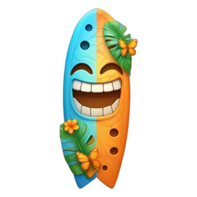 Cartoon Blue and orange smiling tiki with butterfly and surfboard sticker