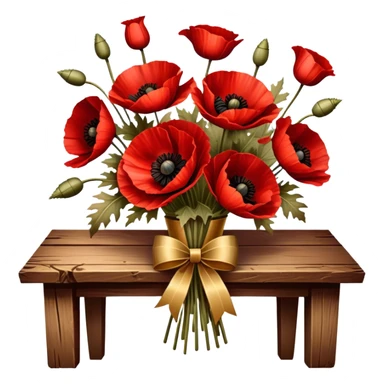 A lush bouquet of deep red poppies tied with a faded gold ribbon, resting on an antique wooden table. Warm brown leaves and golden sunlight add a vintage charm. sticker