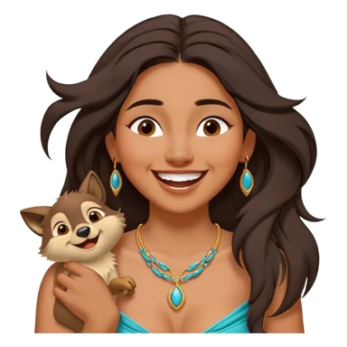 Cinematic Adorable Pocahontas Portrait Emoji, Laughing softly as Meeko tugs at her necklace, hair tousled in the wind, eyes full of warmth, a carefree spirit shining through, capturing the essence of beauty and playfulness! sticker