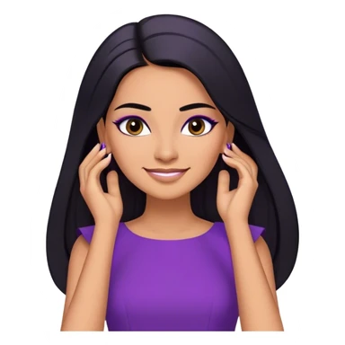 beautiful woman boss, with long straight black hair, with make up, black eye liner, smile, mexican, brown skin, wearing purple dress, she stand up, she replace hair behind her ear sticker