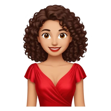 Mujer piel canela, cara ovalada, cejas definidas, pelo súper largo rizado marron oscuro, raya al lado. Sonrisa amplia, expresión suave-alegre. Vestido rojo de seda. sticker