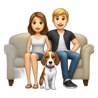 Brown hair White boy and girl with beagle Sit on couch sticker