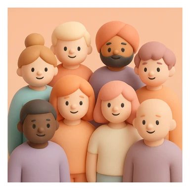 a group of diverse people standing together, mochi style, soft pastel colors, rounded shapes, friendly expressions sticker