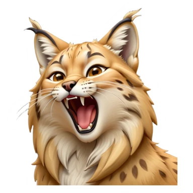 Cinematic-detailed-Yawning-Lynx-Portrait-Emoji – Head tilted slightly with a dramatic, wide-open yawn, revealing a sleek golden-brown fur coat with subtle spots, signature black ear tufts standing tall, round amber eyes barely open in drowsy contentment zoomed out to show the shoulders sticker