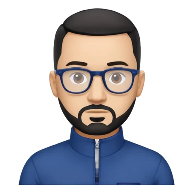 Light-skinned 40-year-old male with buzzcut black hair, gray short beard, black-framed glasses, navy blue zip-collar sports long sleeve shirt sticker