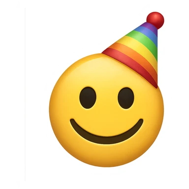 yellow face with rainbow party hat, digital illustration, emoji style, no background sticker