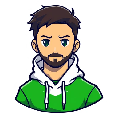 anime style man with short full beard, dark brown undercut hairstyle, white hoodie, and green eyes sticker
