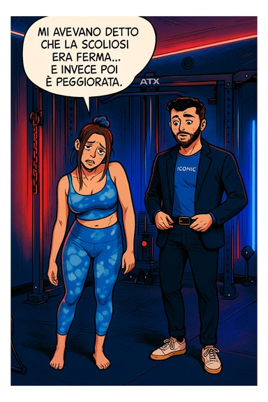 fai questa immagine in versione fumetto/manga/webtoon a colori, il manga mostra la donna disperata con un fumetto sulla testa che dice:
Mi avevano detto che la scoliosi era ferma… e invece poi è peggiorata.
 sticker
