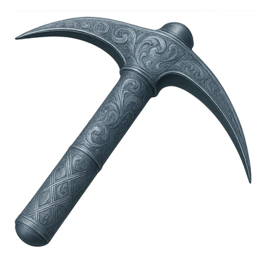 Recolor this weapon to match the blueish-gray steel color and ornate engravings of the reference helmet. Emphasize the cool metallic finish and detailed engravings, matching the helmet exactly. Transparent background. The style should reflect a cool metallic look with detailed engravings as seen in the helmet reference. sticker