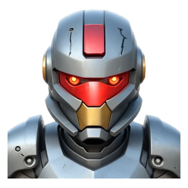 futuristic war robot portrait, head and shoulders only, aggressive design, sharp armor edges, glowing red eyes, battle-damaged helmet faceplate, heavy armor collar, intense dramatic lighting, sci-fi metal textures, 3D cartoon, mobile game icon style, clean background, no text, no watermark
 sticker