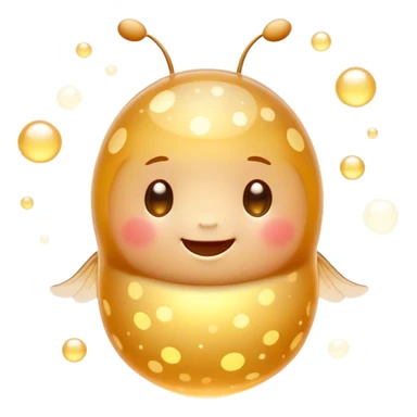 Cinematic tiny glowing firefly, round and chubby, soft golden light, tiny happy face, gentle floating motion, surrounded by dreamy sparkling dots. sticker