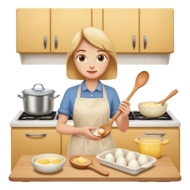 A carton of eggs, butter and a cream ceramic baking bowl with a wooden spoon in it sticker