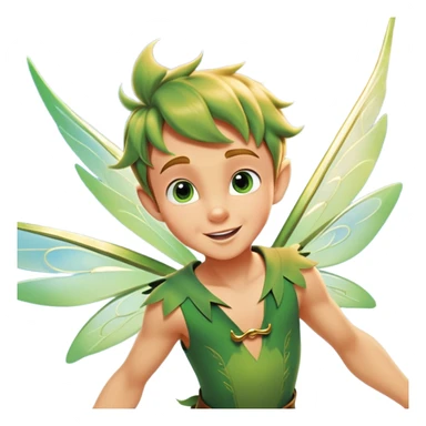 cinematic-realistic-peter-pan-portrait, head tilted dramatically with an exaggeratedly amused expression and sparkling eyes brimming with playful mischief, his iconic outfit rendered in vivid detail with dynamic shadows, soaring through the air. Flying right Next to him is a glowing Tinker Bell, whose delicate wings leave a trail of shimmering pixie dust across a whimsical sky. sticker