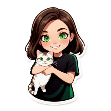 brunette white girl green eyes holding a dark brown white tabby cat smiling sticker
