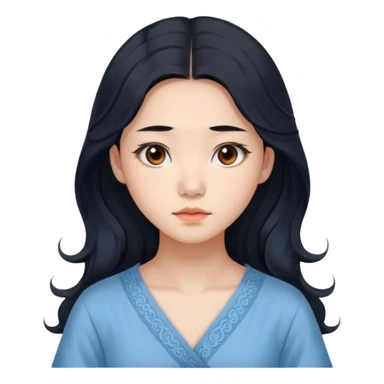 Chinese woman 24 years old, reserved melancholic expression, long wavy black hair, warm brown cautious eyes, pale blue dress sticker