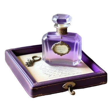 An ornate glass perfume bottle, filled with a delicate violet-hued elixir, rests on a lace-covered vanity tray, surrounded by pressed pansies in shades of lavender, plum, and amethyst, their petals softly curling with time. A worn leather-bound poetry book, its pages kissed with faded lilac ink, lies open beside it, exuding whispers of forgotten verses and fleeting romance sticker