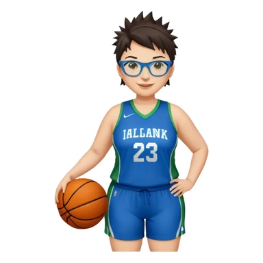 Full Body plus size white female with short dark hair with highlights spike hair wearing blue glasses basketball player wearing blue green uniform smiling sticker