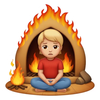 apple style emoji of a small child sitting on the floor, fire nearby, sad face sticker