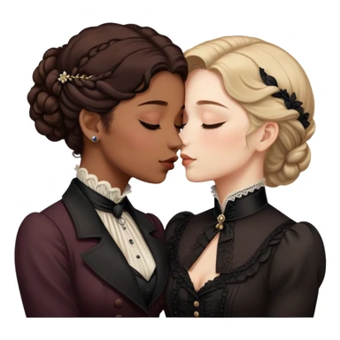Victorian era lesbian couple kissing tenderly, eyes closed, different hair colors, wearing elegant dark period clothing sticker