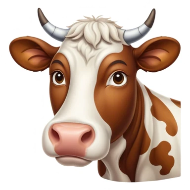Cinematic Noble Brown and White Cow Portrait Emoji, Poised and regal, with a large, sturdy build and a beautifully patterned hide of rich brown accented by crisp white patches, deep-set soulful brown eyes, Simplified yet sharp and sophisticated features, highly detailed, glowing with a soft, dignified glow, high shine, intelligent and calm, stylized with an air of pastoral majesty, focused and attentive, soft glowing outline, capturing the essence of a watchful and confident bovine guardian, so majestic it feels as though it could amble out of the screen with effortless authority! sticker