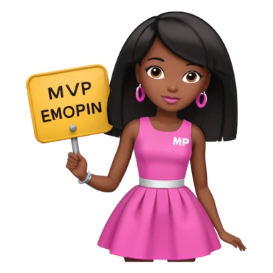 Black barbie, short  black bob  hair, pink dress with a sign that says mvp sticker