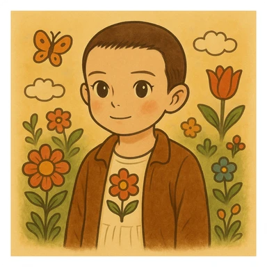 Variation of Eleven from Stranger Things, from the waist up, inspired by coloring drawings of Bobbie Goods and Cuzy, in Ghibli style, square format 1:1. sticker