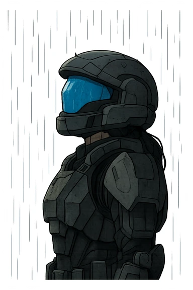 A female odst, blue full face visor, right shoulder profile, helmet on, looking up to the sky, the sky is pouring rain, midnight shadows sticker