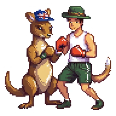 a man in an Australian hat boxing with a kangaroo sticker