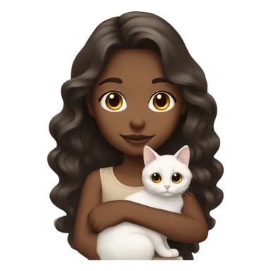 Tan girl with dark brown long wavy hair holding a white cat sticker