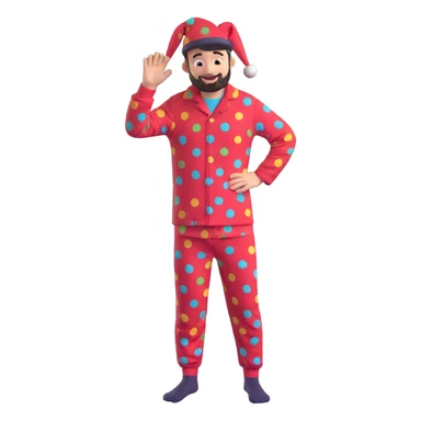 Redesign the psychiatric clinic patient character to look less childish and more like a funny adult. Keep the #6fe8f3 pajamas, add a quirky adult face with stubble or messy hair, and maintain humorous details like mismatched socks or a silly hat. Avoid a childish look. Maintain the playful 3D style. sticker
