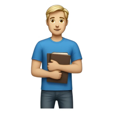 a white man in a blue shirt holding books sticker