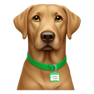 Light brown chocolate Labrador wearing green collar looking straight with name tag CHIP sticker