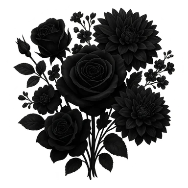 Create an elegant gothic style bouquet of black flowers with no background. The bouquet should have a dark, sophisticated, and gothic aesthetic, emphasizing the black color and elegance of the flowers. sticker