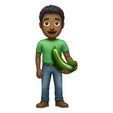Man in green shirt holding cucumber sticker