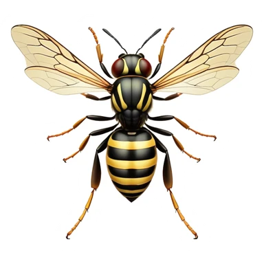 Beautiful and Majestic Wasp Portrait Emoji, Head and body rendered in serene repose with a gentle, confident smile, showcasing a refined, streamlined form with delicately patterned stripes and softly closed, focused eyes, Simplified yet exquisitely endearing features, highly detailed, glowing with a soft, drowsy radiance, high shine, relaxed and utterly noble, stylized with an air of regal insect elegance, soft glowing outline, capturing the essence of a beautiful and majestic wasp that embodies the refined power of nature! sticker