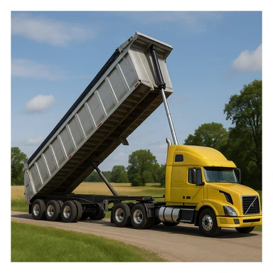 long silver end dump trailer hooked to a Volvo yellow semi sleeper truck, trailer in dump position, photorealistic daytime country scene with fields, trees, and a quiet road sticker