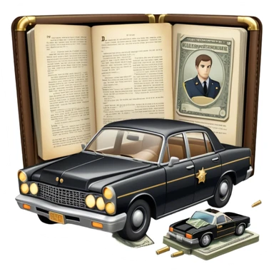 Icon for Action & Crime Reading: an open book with dramatic crime scenes—bullet holes on pages, a detective badge, a revolver, and a getaway car. Surrounding elements include a briefcase with cash and a flickering streetlight. Transparent background. sticker