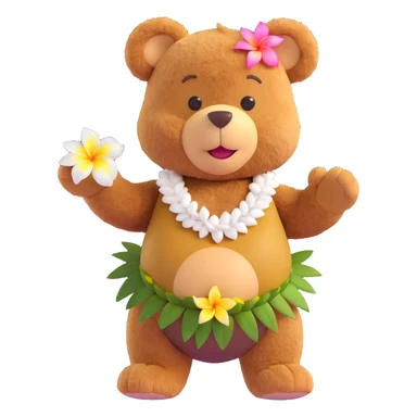 brown teddy bear in a coconut bra and plumeria lei, doing the hula dance sticker