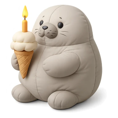 chubby seal holding ice cream cone with candle, cushion style sticker