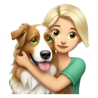 Blonde girl with green eyes hugs australian shepherd red tri sticker